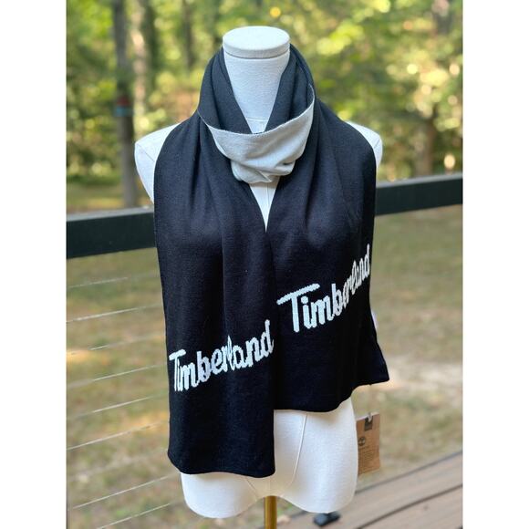 NEW Timberland Black White Knit Logo Scarf Winter Cold Weather Accessory Unisex - Picture 1 of 8